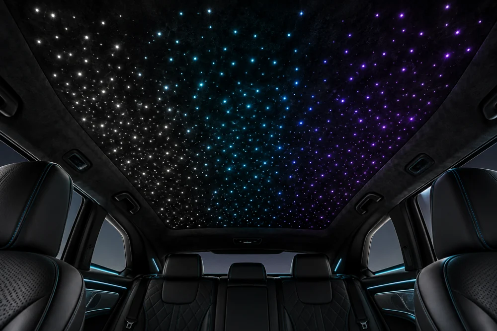 Visualisierung: Sternenlichter in Weiß, Türkis und Violett im schwarzen Dachhimmel
