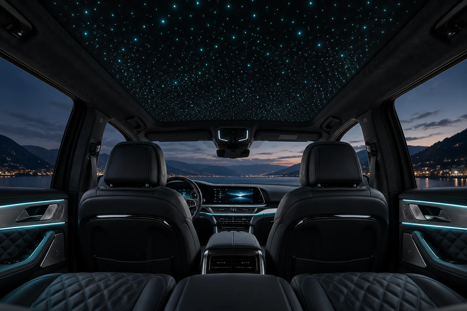 Visualisiertes Gestaltungsbeispiel: türkise Sternenlichter in einem hochwertigen SUV-Innenraum
